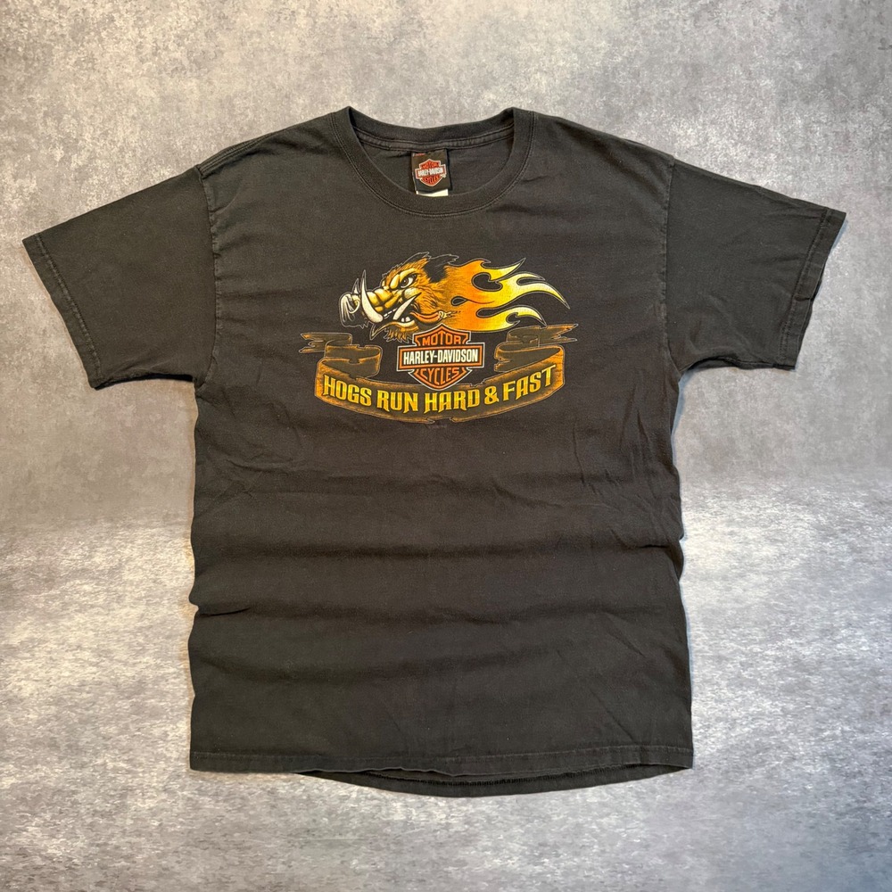 VTG Harley Davidson T Shirt Mens L Black Pikes Peak Colorado Hogs Run Hard Fast